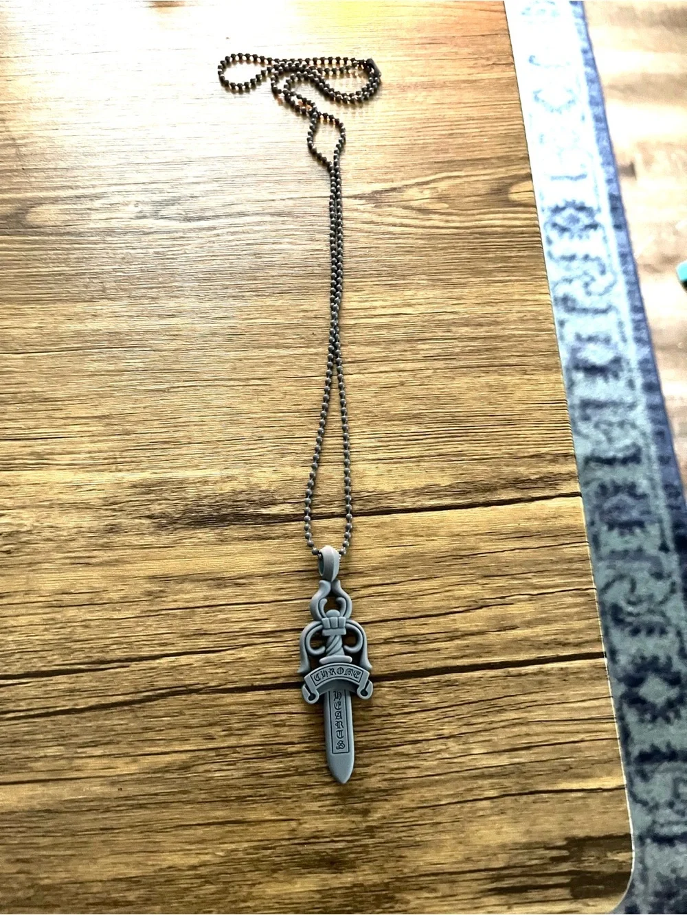 Chrome Hearts Gray Dagger Pendant Necklace with Beaded Chain